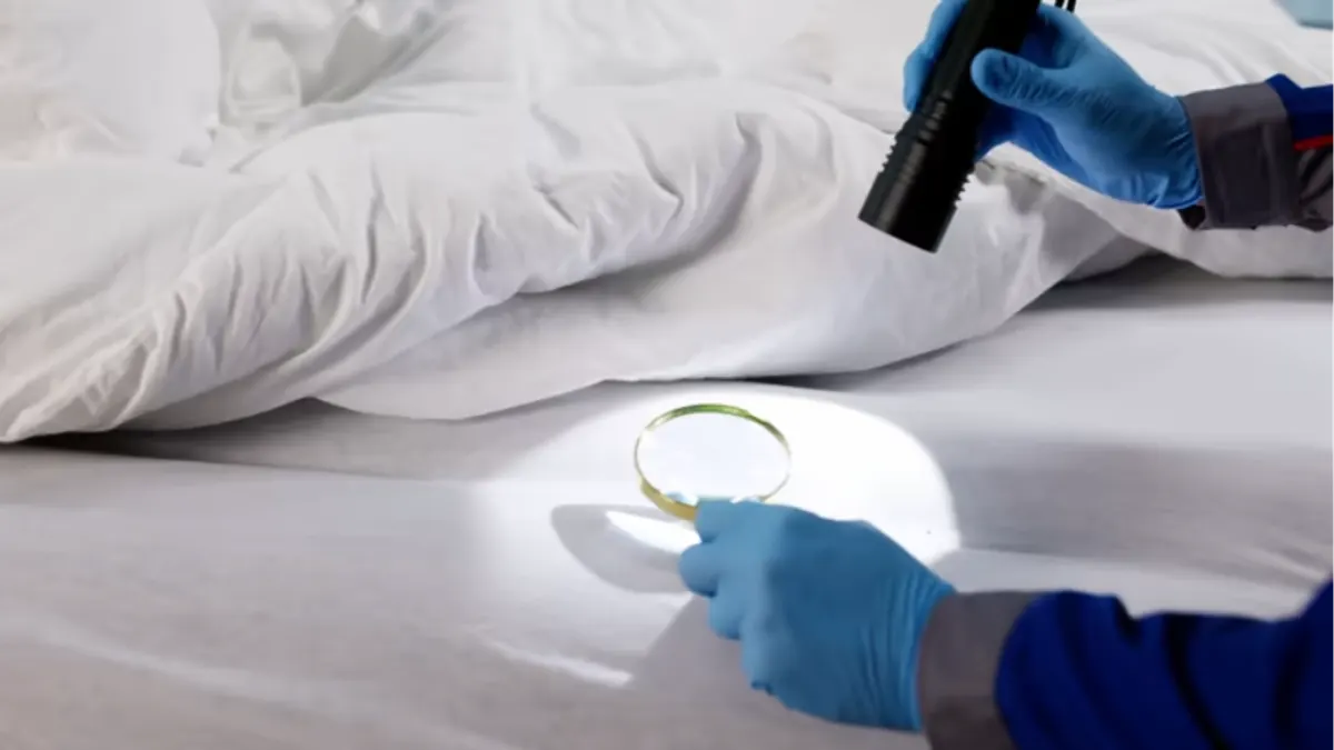 Inspecting a mattress with a flashlight and magnifying glass for bed bugs