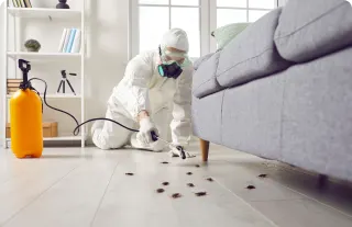 Technician treating the exterior perimeter of a house
